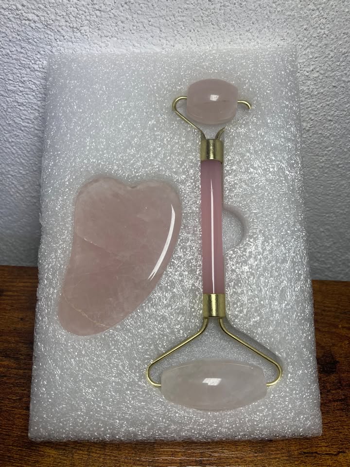 💗 Set Facial Cuarzo Rosa (Rodillo + Gua Sha) 💗