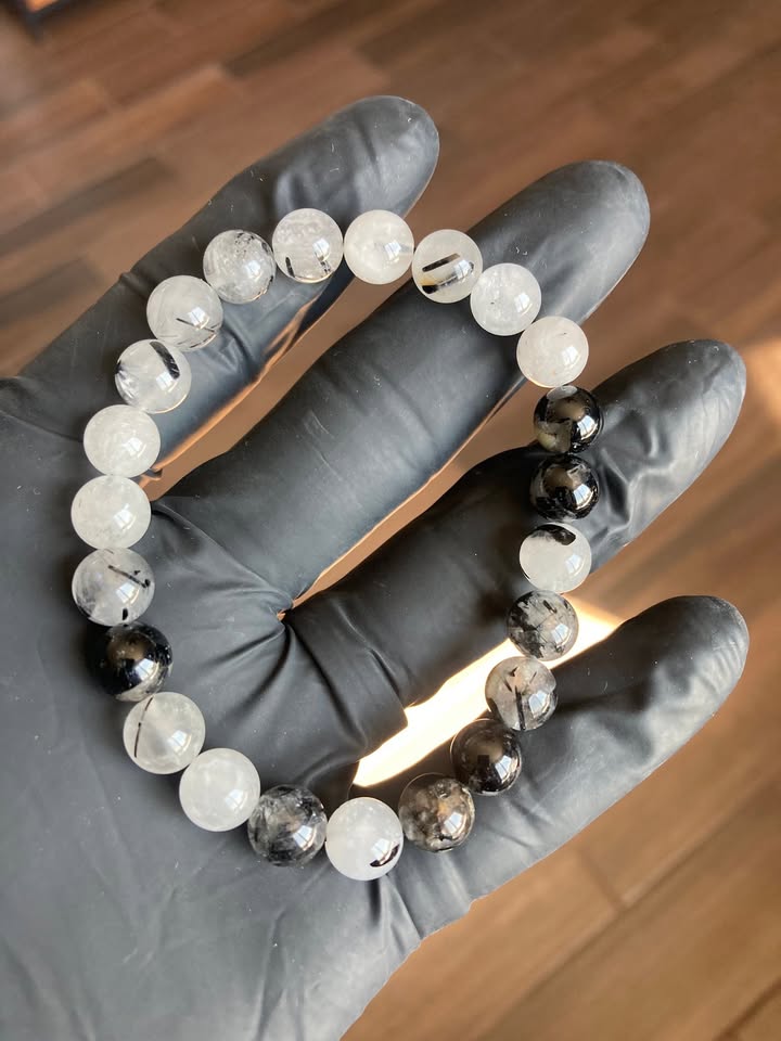 Pulsera Cuarzo Blanco con Turmalina (8mm - hilo elástico)