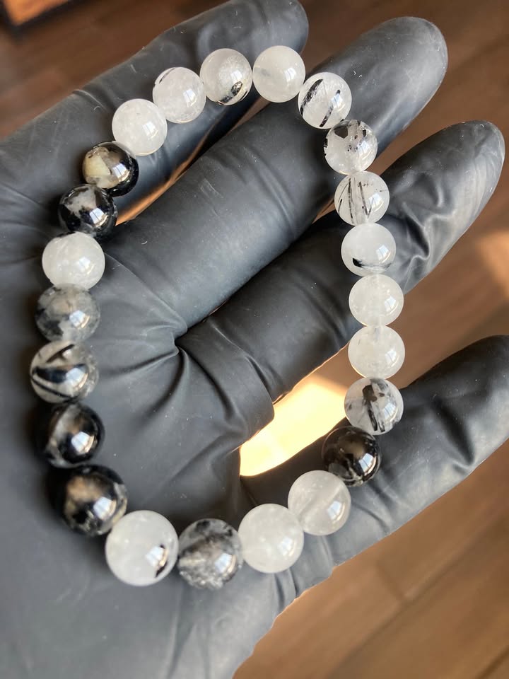 Pulsera Cuarzo Blanco con Turmalina (8mm - hilo elástico)